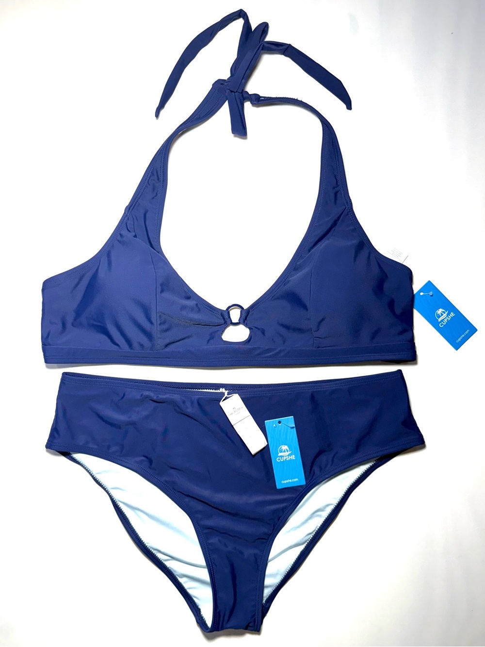 Cupshe NWT Navy Blue Halter Bikini Set Ring Detail High Waisted XL XXL